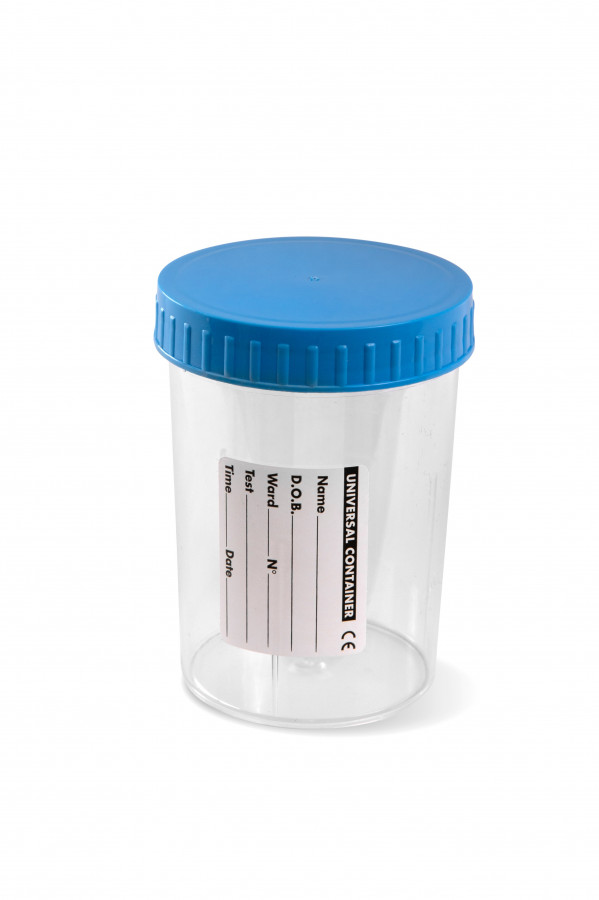 Contenitore urine con acido borico 30ml in PP con etichetta. Ø30x93mm